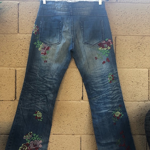 Embroidered Floral Boho Jeans, Vintage Style ‘70s Vibes, Flared Boot-cut Pants - Picture 2 of 9